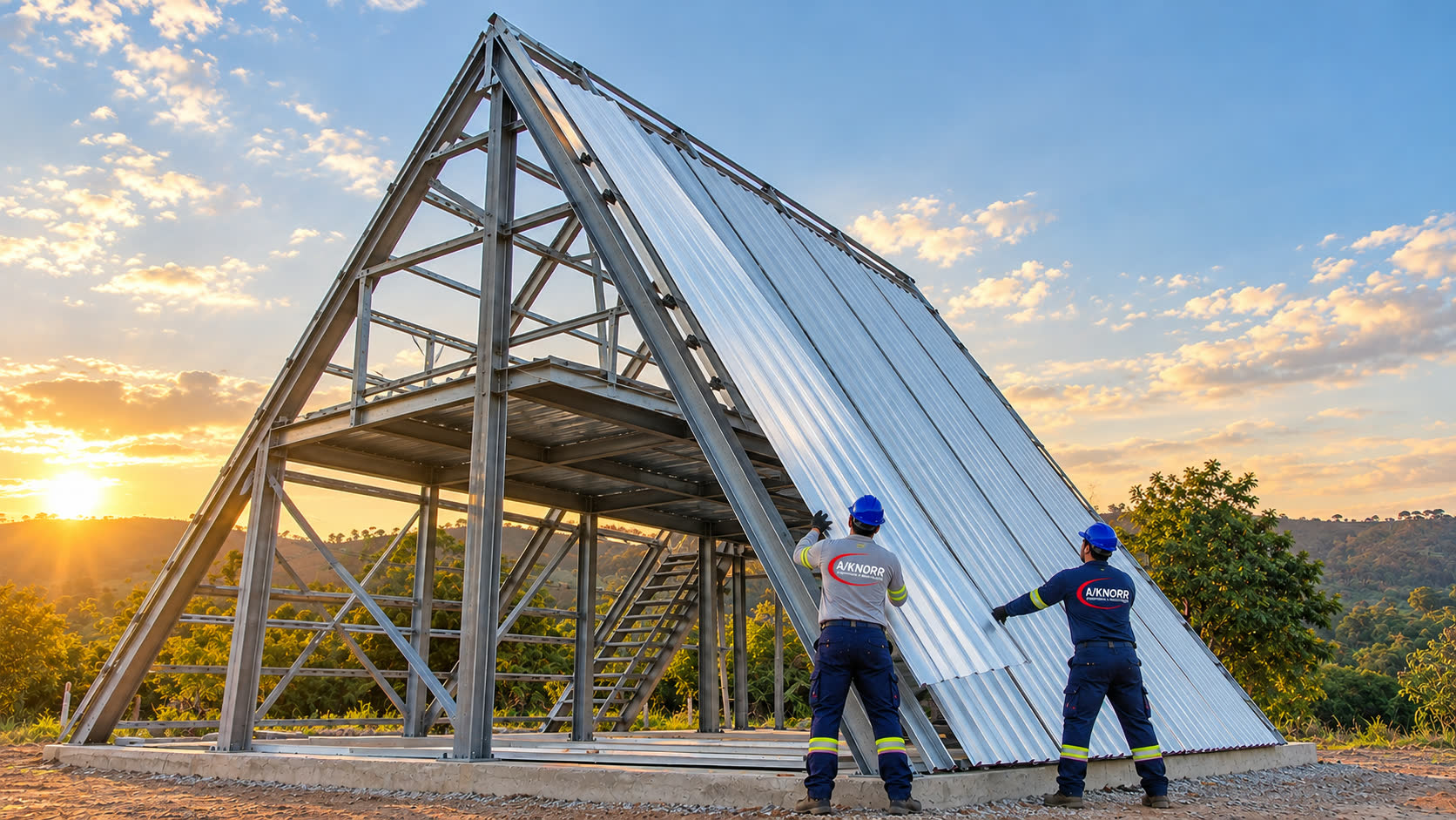 Dois técnicos da A/KNORR instalando telhas metálicas em cabana de estrutura em A, sobre radier, ao entardecer