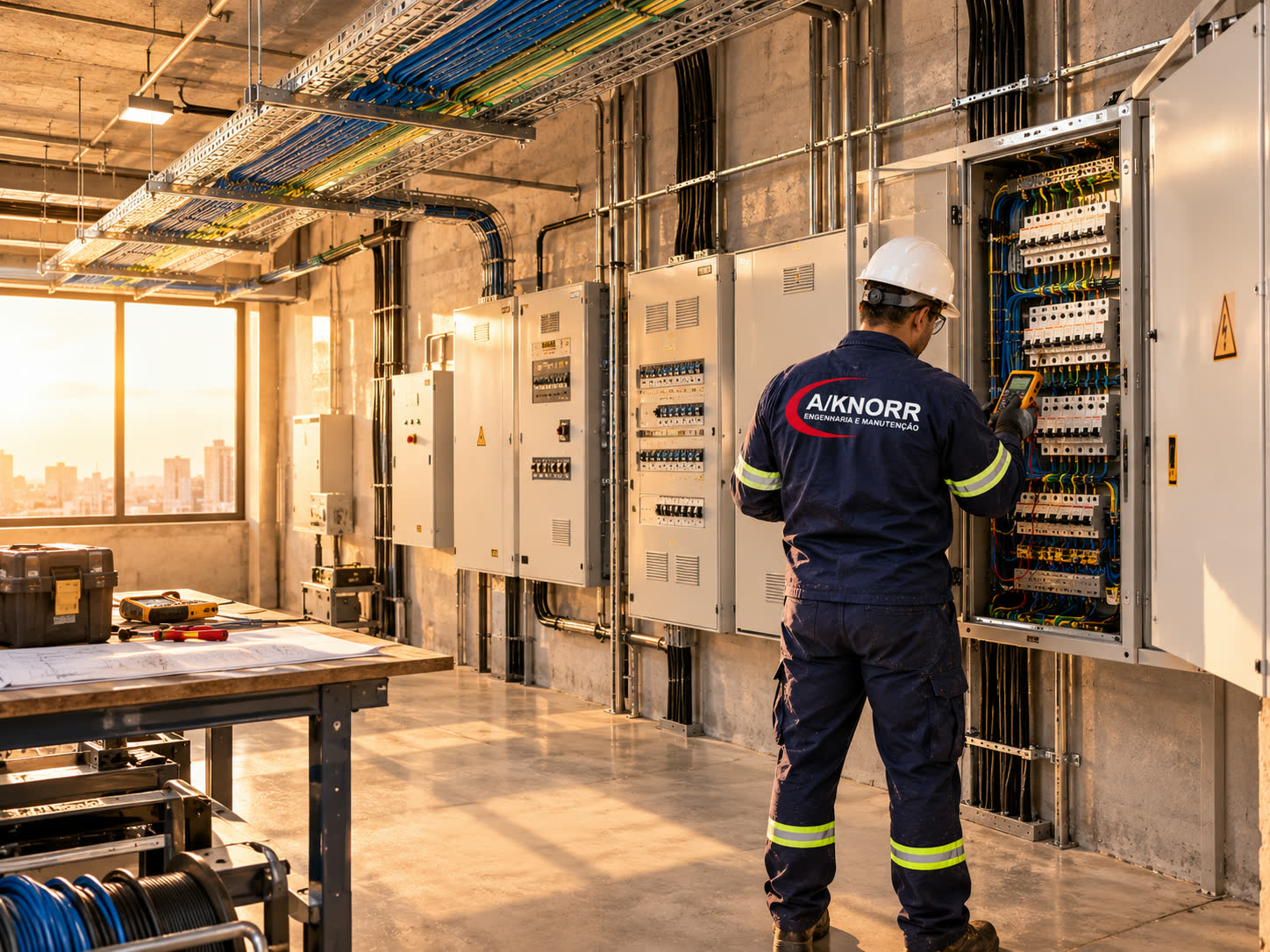 Técnico da A/KNORR testando quadro de distribuição elétrica com multímetro em sala técnica