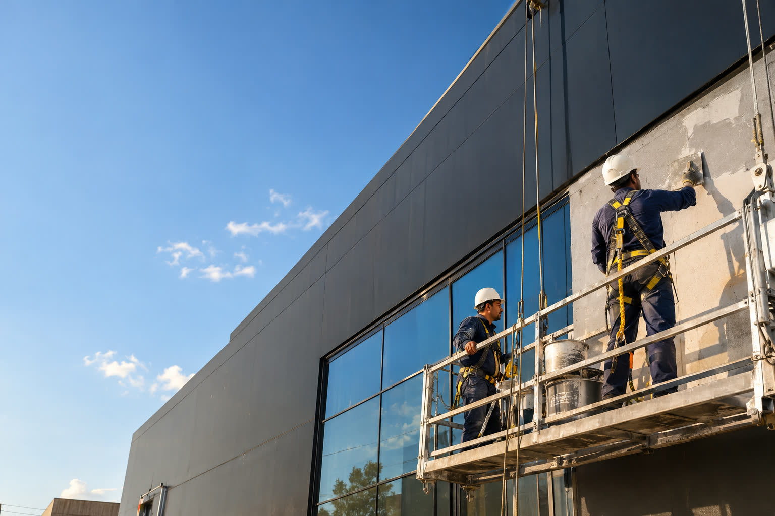 Dois técnicos da A/KNORR em balancim suspenso aplicando massa de reparo na fachada de prédio comercial, ao lado do revestimento escuro e das esquadrias de vidro