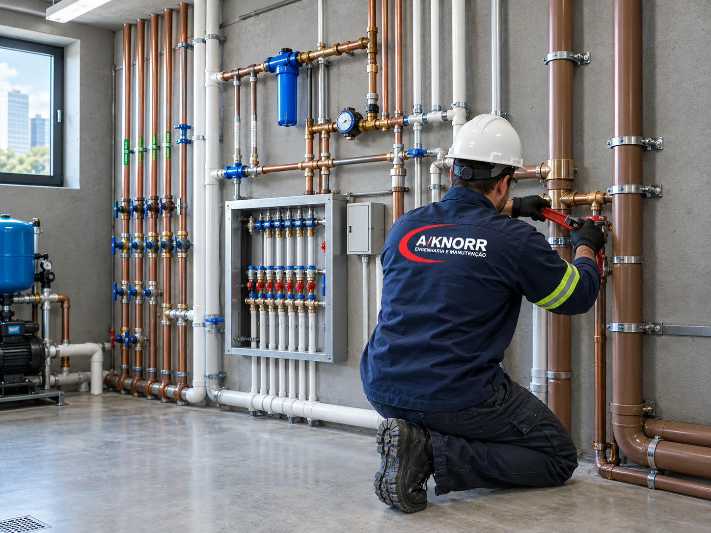 Instalação hidráulica predial com tubulações de cobre e PVC, registros e quadro de distribuição, técnico da A/KNORR ajustando conexão