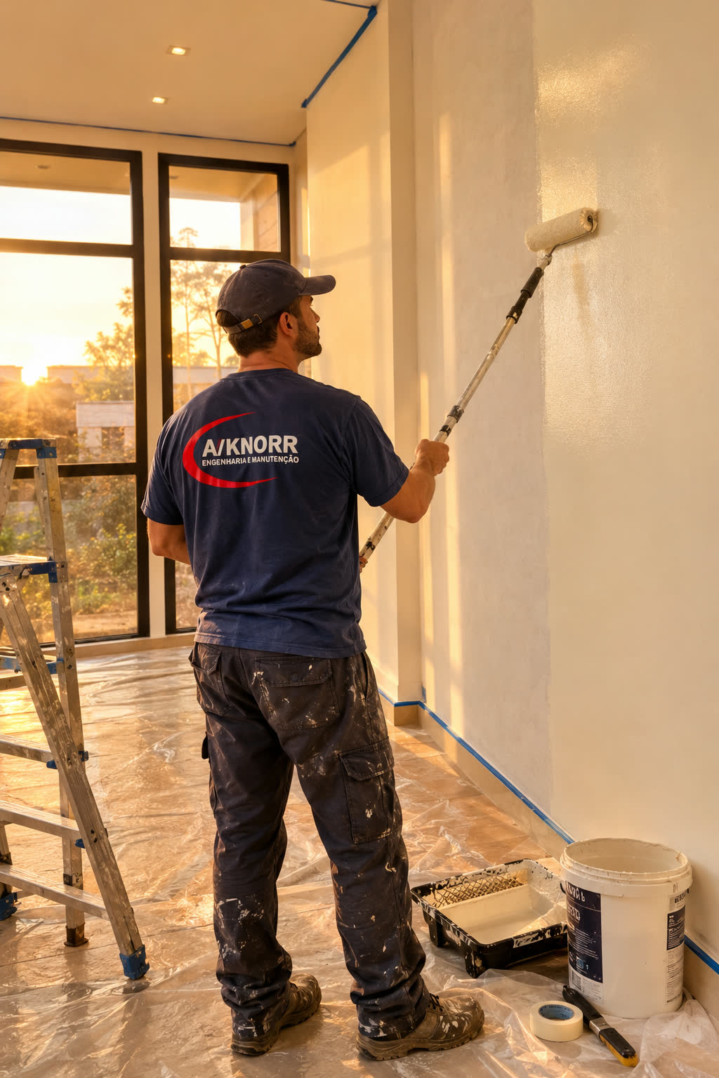 Técnico da A/KNORR pintando parede interna com rolo de extensão, luz do entardecer ao fundo