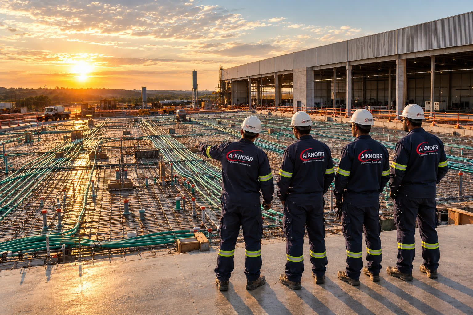 Equipe da A/KNORR observando laje armada com ferragem e mangueiras de concretagem em obra ao nascer do sol