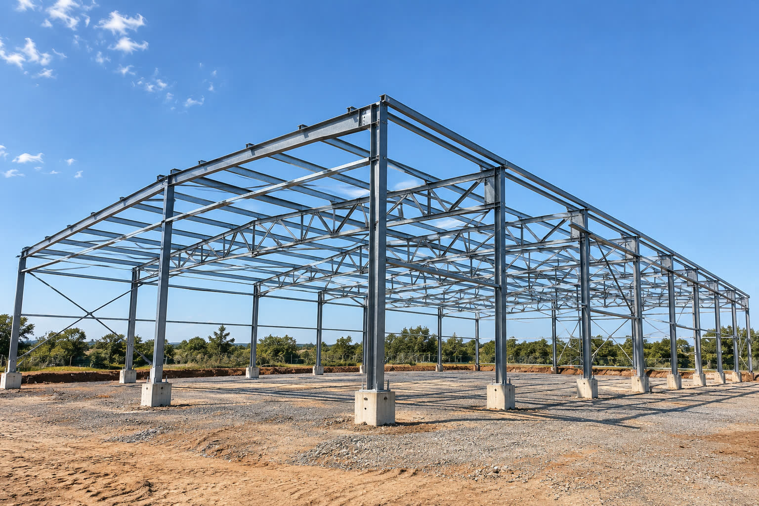 Estrutura metálica galvanizada de galpão industrial em montagem, com pórticos treliçados apoiados em blocos de concreto, em terreno terraplanado sob céu azul