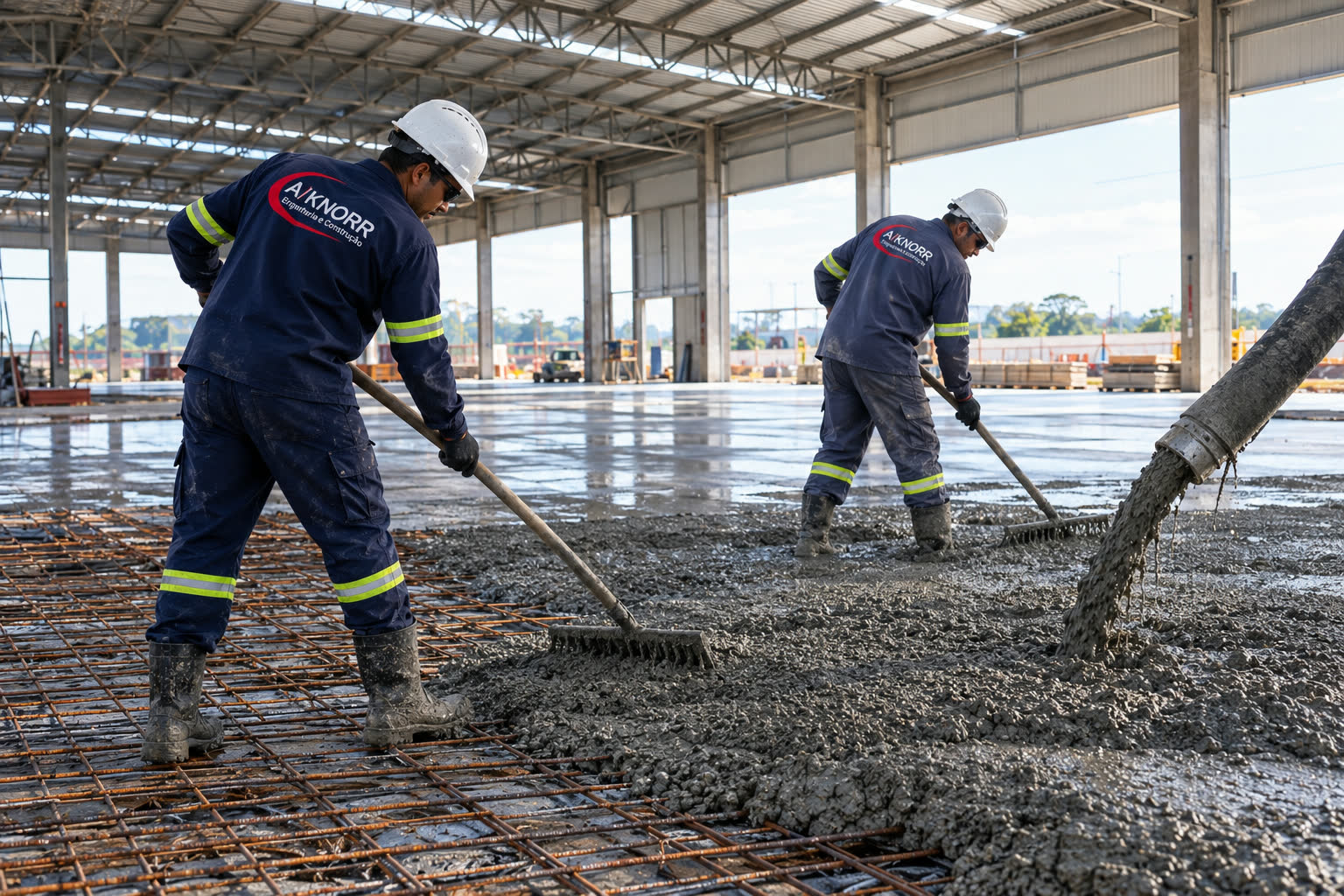 Equipe da A/KNORR espalhando e nivelando concreto recém-lançado com rodos sobre tela de ferragem em galpão