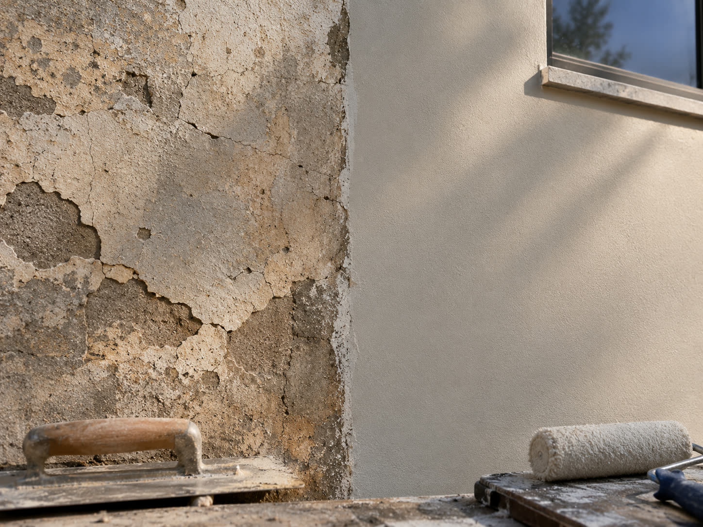 Detalhe comparando reboco deteriorado e superfície já recuperada e pintada, com desempenadeira e rolo em primeiro plano