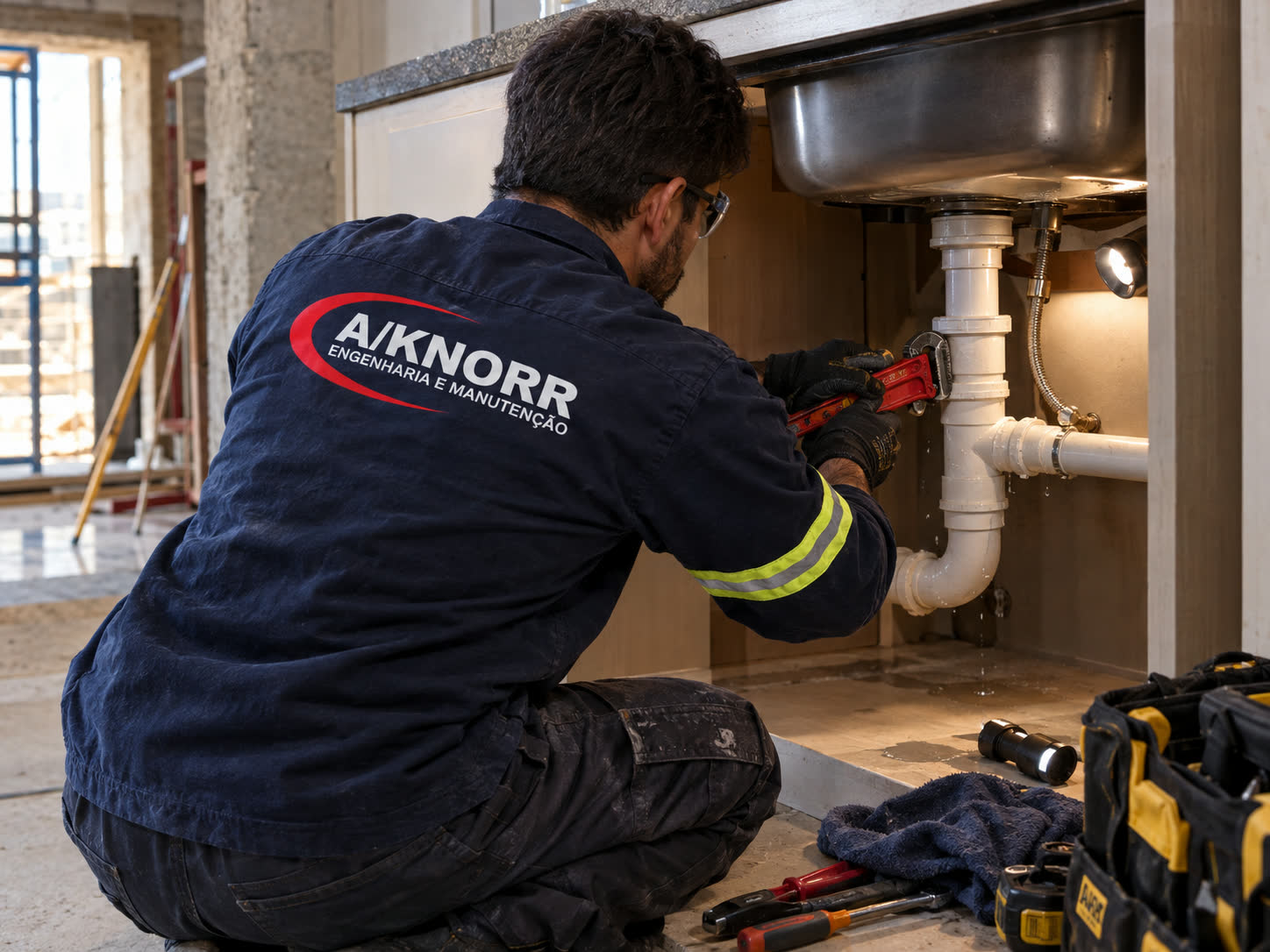Técnico da A/KNORR reparando vazamento em sifão de pia com chave de grifo
