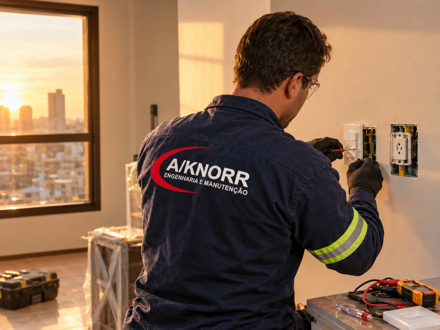 Técnico da A/KNORR instalando interruptor e tomada em parede residencial