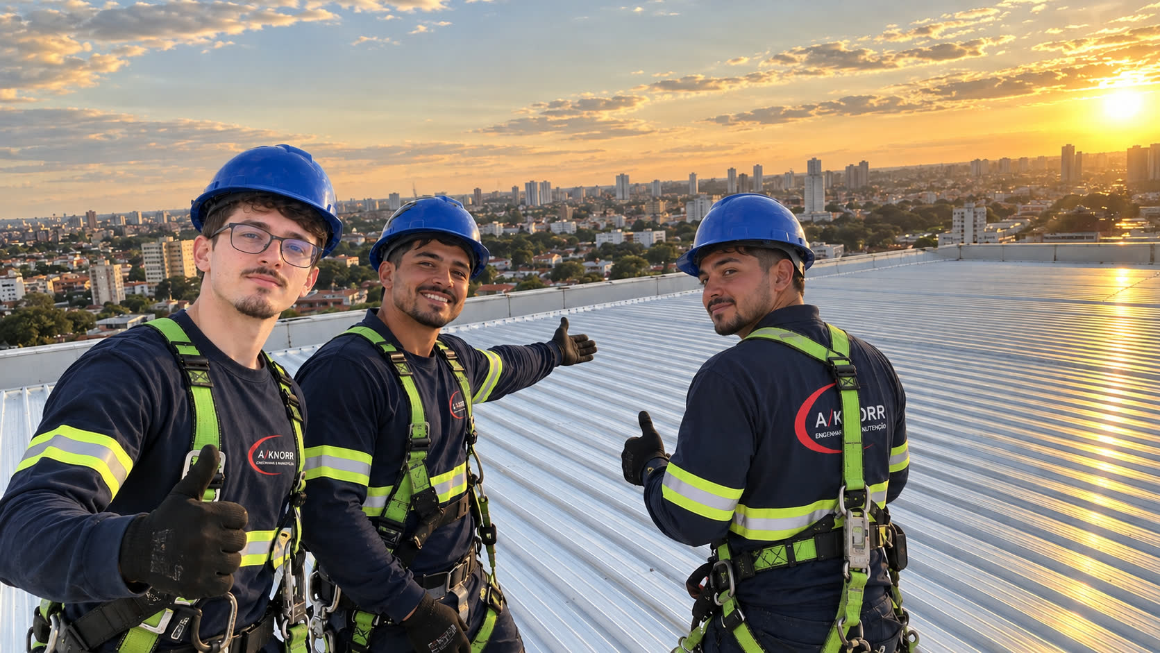 Três técnicos da A/KNORR instalando telhas metálicas em grande cobertura, presos a linha de vida, com vista da cidade ao fundo