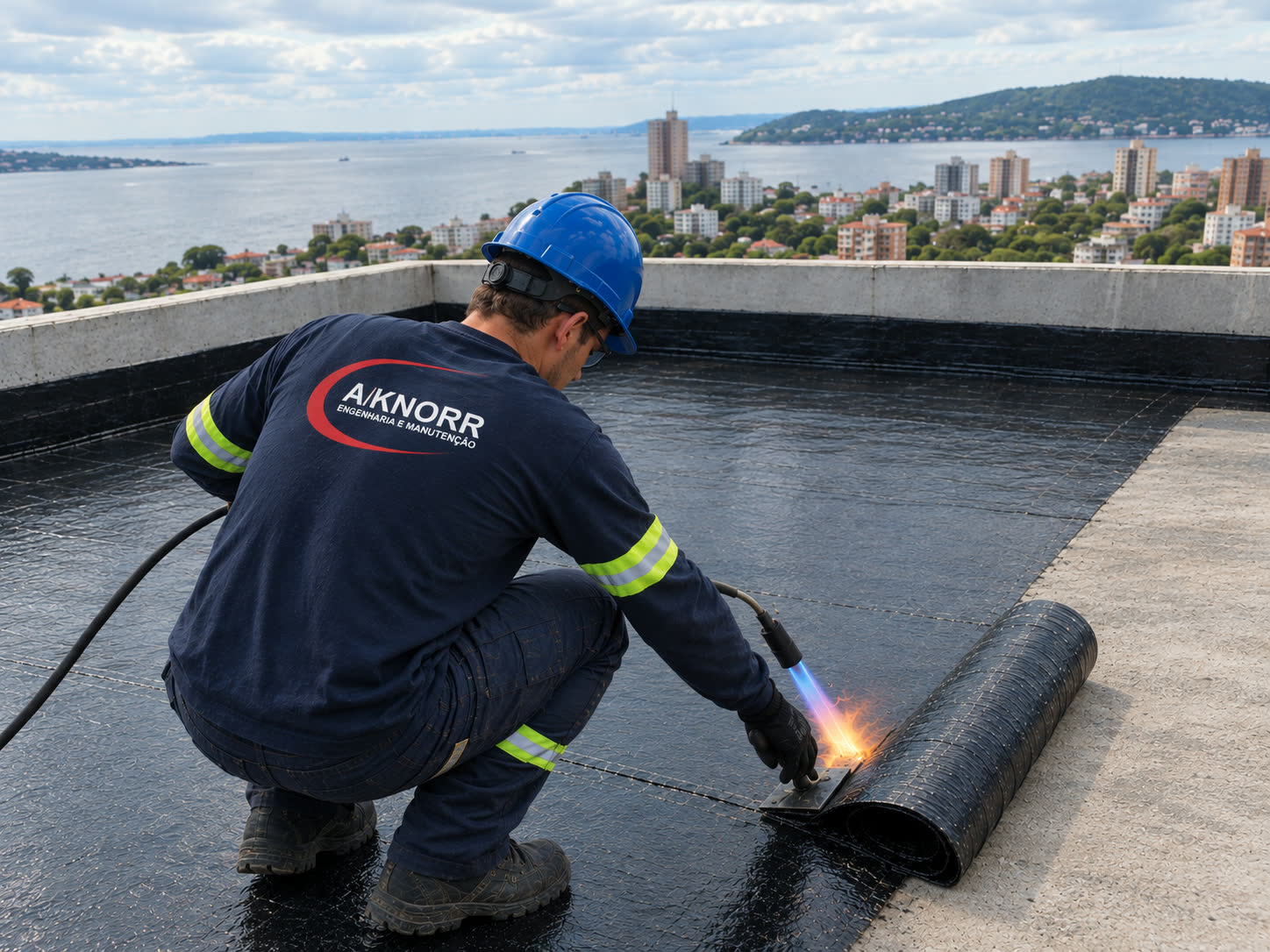 Técnico da A/KNORR aplicando manta asfáltica com maçarico em laje de cobertura, com vista da cidade