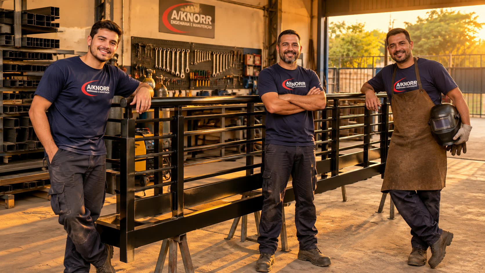 Três técnicos da A/KNORR posando ao lado de guarda-corpo metálico recém-fabricado na oficina