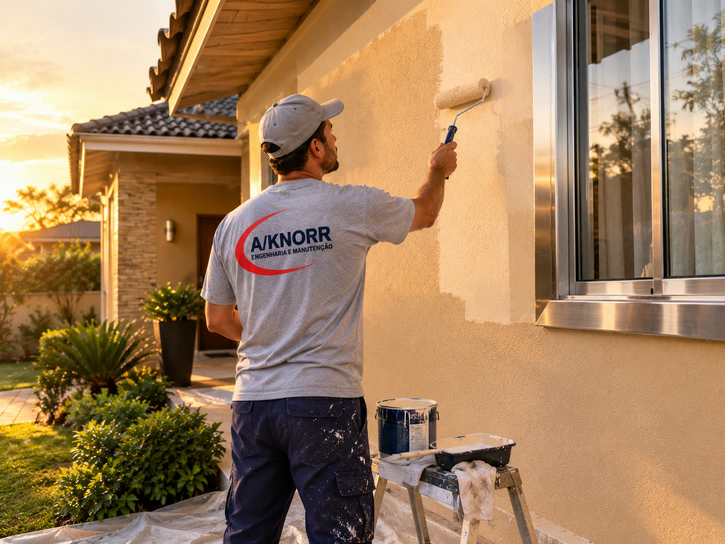Técnico da A/KNORR pintando fachada externa de residência com rolo, ao entardecer