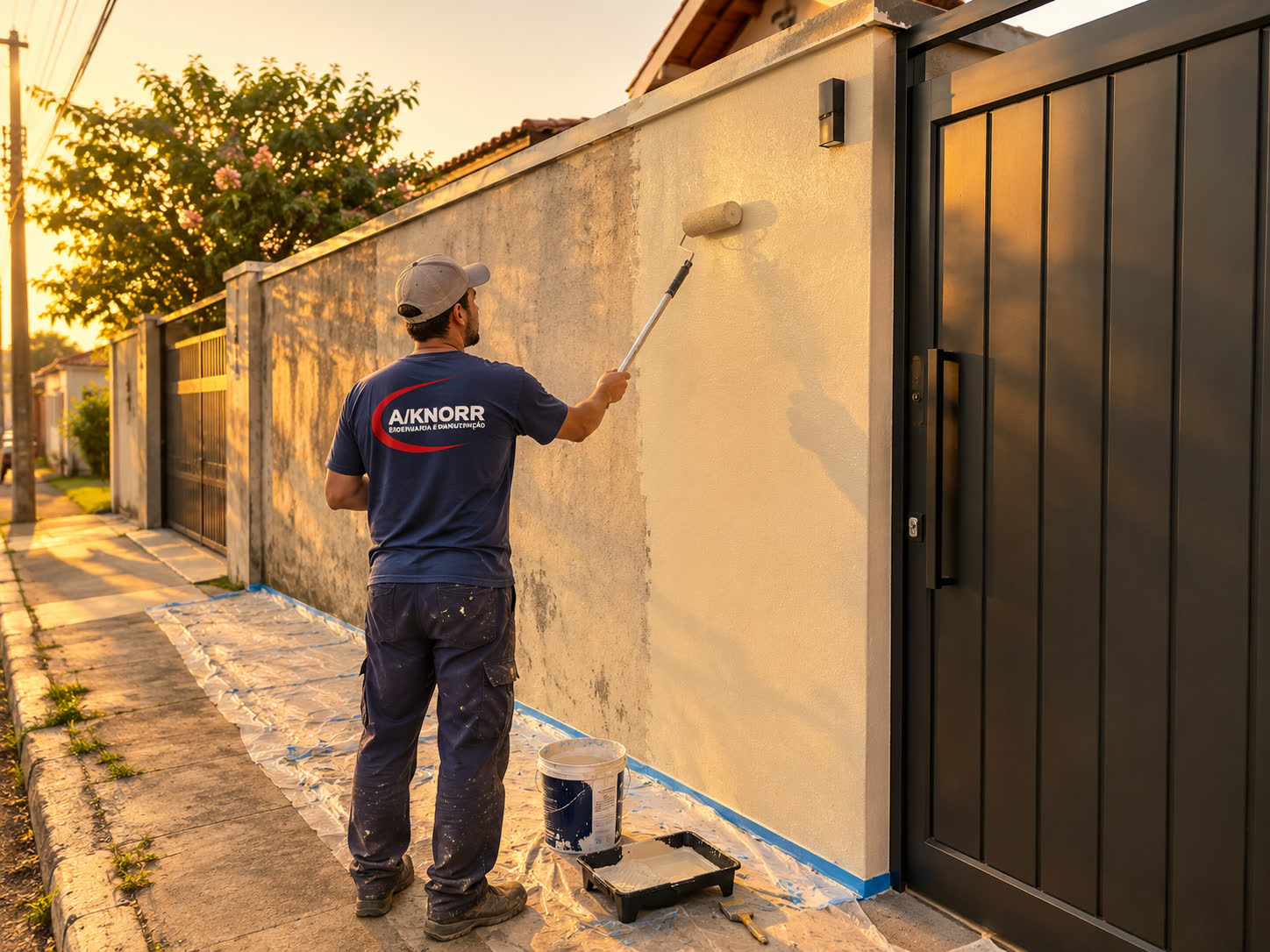 Técnico da A/KNORR pintando muro externo ao lado de portão metálico, ao entardecer