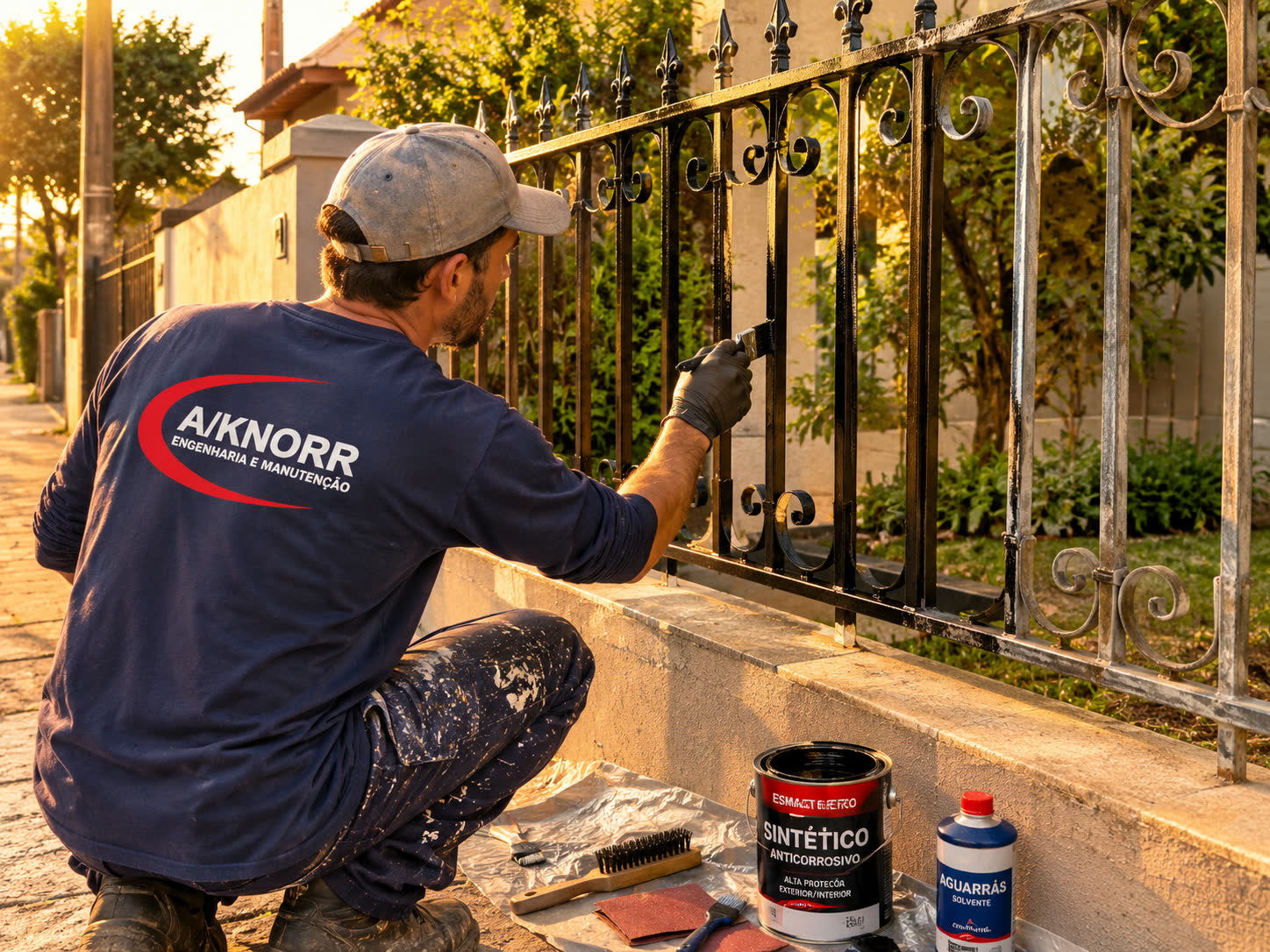 Técnico da A/KNORR aplicando esmalte sintético anticorrosivo em grade de ferro ornamentada
